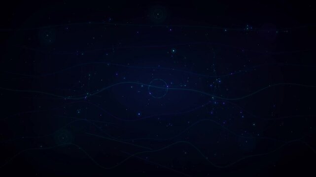Network particle flow with connected dots on deep blue background