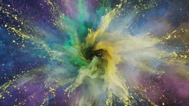 Fluid particles move and mix in multicolor glow creating neon effects in dark environment during dynamic display