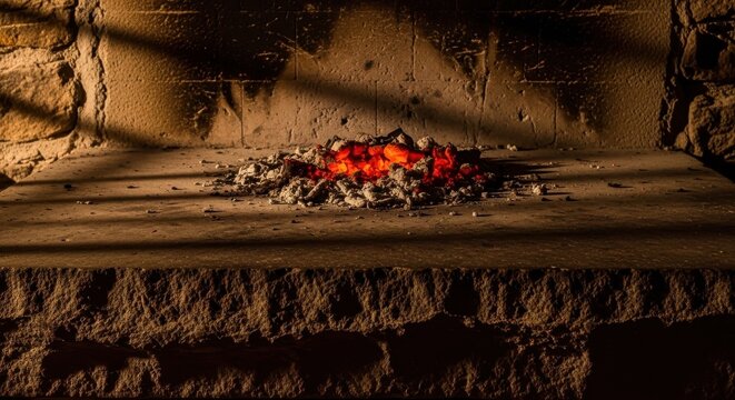 A rough stone hearth with a pile of glowing red embers and scattered ash, providing warmth and a rustic ambiance.