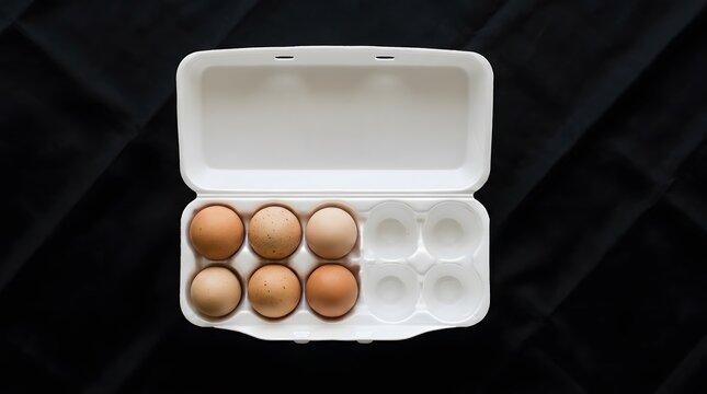 An open white styrofoam egg carton containing seven brown eggs on a black background with a vacant space for additional eggs