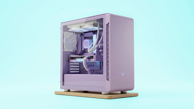 Custom built pastel purple gaming PC with white components and LED lighting against a clean teal background. Perfect for modern cozy gaming setups and tech aesthetic concepts.
