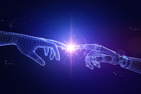 Futuristic Digital Connection between Human and Robot Hand Touching Fingertips with Spark of Light, Wireframe AI Partnership and Technology Innovation Concept, 3D Render Illustration