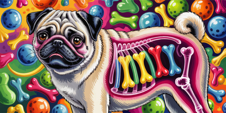 Colorful pug anatomy illustration with xray bones, playful dog portrait, vibrant pop art veterinary design