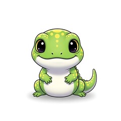 Fototapeta premium Cute cartoon green gecko with yellow spots and big eyes on white background