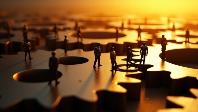Miniature people on gears, sunset