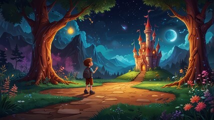 Boy gazing at magical castle, night, forest path, starry sky, children's book illustration