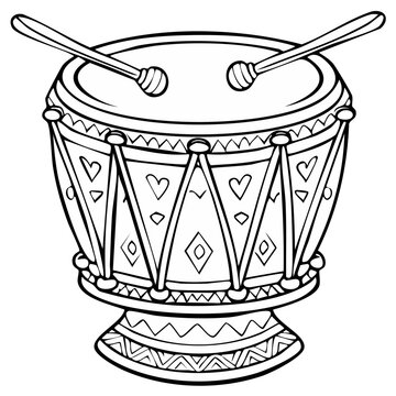 Stylized drum illustration with decorative pattern, drumsticks, ethnic elements, heart shape, and diamond shapes, outline.