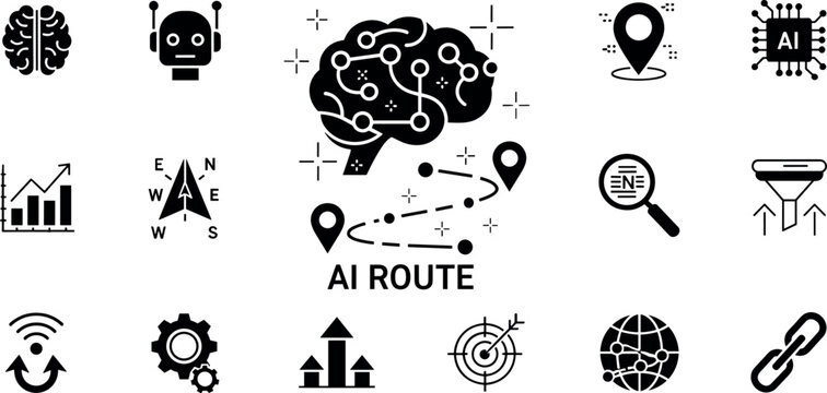 Artificial intelligence navigation and data network icon set with AI route mapping analytics connectivity and automation symbols solid vector illustration