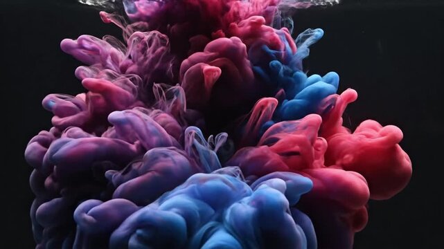Color drop creates silk drapery underwater with ink mixing in clear water from a dropper