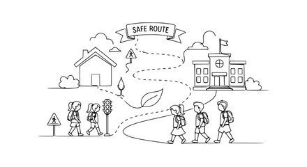 Obraz premium Children walking on safe route from home to school with traffic light and crosswalk