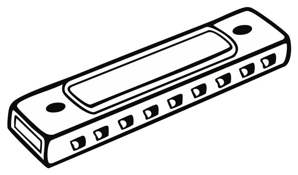 Black and white illustration of a harmonica, musical instrument, isolated.