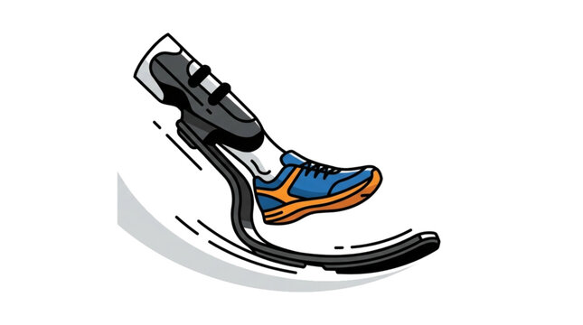 Runner with prosthetic leg in cartoon style illustration dynamic motion artificial limb isolated on white background blue shoe orange accents sports equipment disability mobility