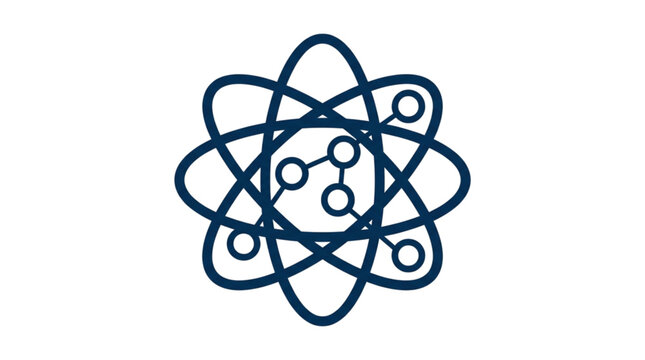 Abstract atomic structure icon representing science and molecules dark blue outline white background molecule structure chemistry research discovery education particles abstract minimalist