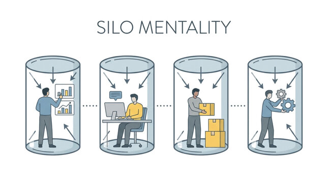 Silo mentality: people working in isolated departments with business teamwork collaboration communication department isolation separation organization management corporate challenge