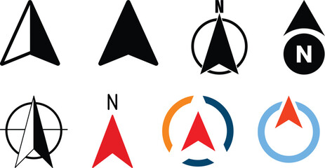 North arrow icon set. GPS north pointer for navigation signs. Compass north arrow.directional compass points N S W E icon set vector. North, south, west, east navigation arrow symbol vector. © Hafsa