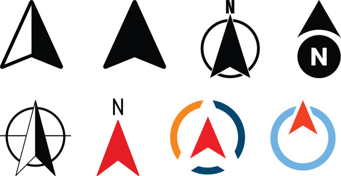 North arrow icon set. GPS north pointer for navigation signs. Compass north arrow.directional compass points N S W E icon set vector. North, south, west, east navigation arrow symbol vector.