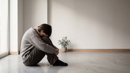 Fototapeta premium Person sitting on floor hugging knees in empty room with plant, expressing solitude and introspection in minimal scene