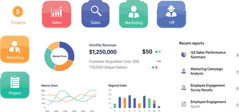 Business dashboard UI illustration flat vector analytics interface with charts finance sales marketing HR reports design
