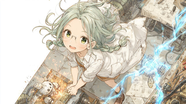 Anime girl inventor operating a device in a workshop with electric energy and sparks, dynamic top view composition,研究工房で装置を操作する発明家のアニメ美少女、電気エネルギーと火花が走るダイナミック俯瞰構図