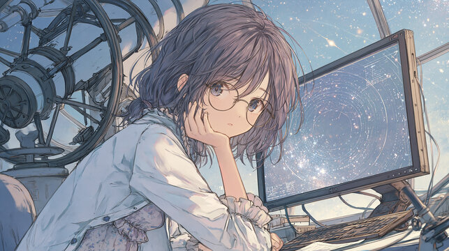 Anime girl scientist with glasses analyzing astronomical data in a futuristic lab with starry display,天体観測データを分析するメガネの美少女研究者、近未来ラボの幻想的な星空ディスプレイ