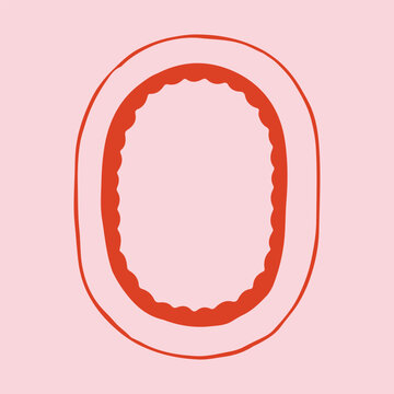 Hand drawn oval frame with wavy scalloped edges in red and pink colors. Minimalist vector doodle border for cute romantic photo or vintage invitation card decoration