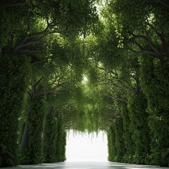 Fototapeta premium lush green tunnel opens to bright inviting light.