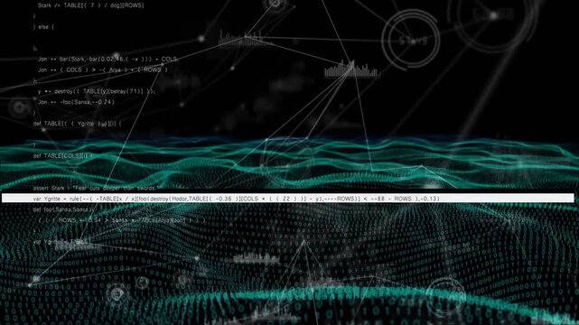 Teal data mesh pulsing and rippling while code updating, framing lines, visualizing data flow