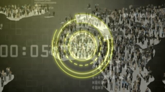 HUD counting down, pulsing and zooming out map, highlighting cutout clusters for business insight
