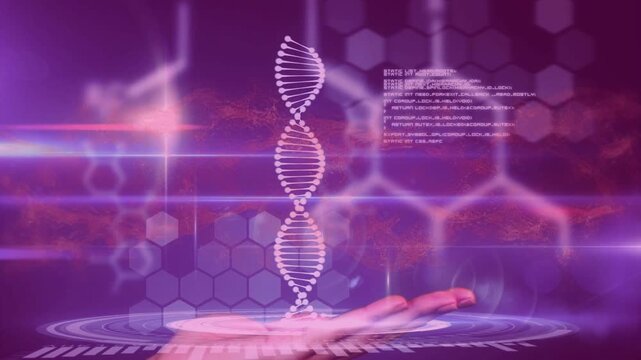 Hand entering center palm holding hologram DNA helix assembling rotating above hex HUD for research