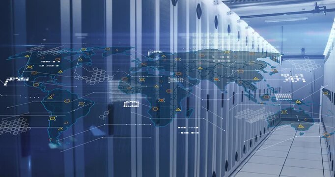 Faint global map appearing starting overlay pulsing across racks, showing data as camera pushes