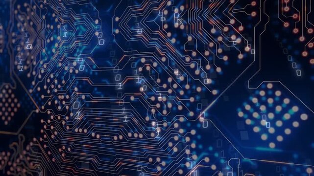 On power pulse, circuit board cluster panning and zooming while traces pulsing to show data flow
