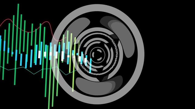 Circular visualizer pulsing as input triggers colorful waveform bars growing and sweeping center