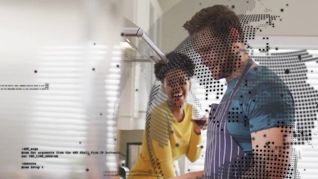 Man starting dinner prep at counter woman leaning smiling sipping, tech dot-map code overlay moving