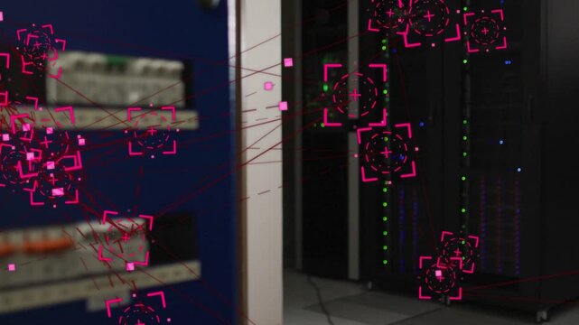 Magenta markers starting at patch panel and visualizing data-center racks, aligning with LEDs