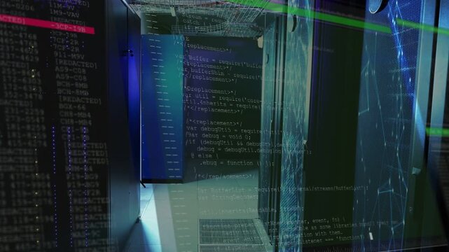 Central server aisle holding after one second code overlays appearing scrolling showing live data
