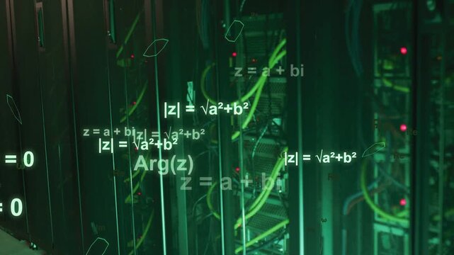 Faint formulas appearing, centering and copying Arg(z) over rack with green cables visualizing math