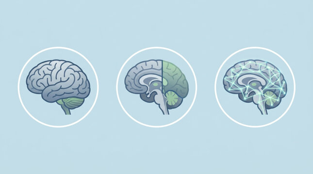 Infographic illustration of human brain anatomy with colored sections in three circular views