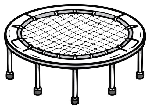 Trampoline illustration with safety net, circular outdoor recreation equipment for bouncing and play, line art drawing
