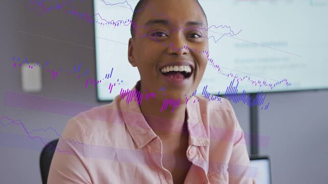 Business woman shifting to laughter, reacting to chart dip as animated data overlays covering face