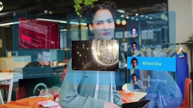 Vertical video: Woman holding tablet tapping screen, panels cycling, contacts selecting, for design