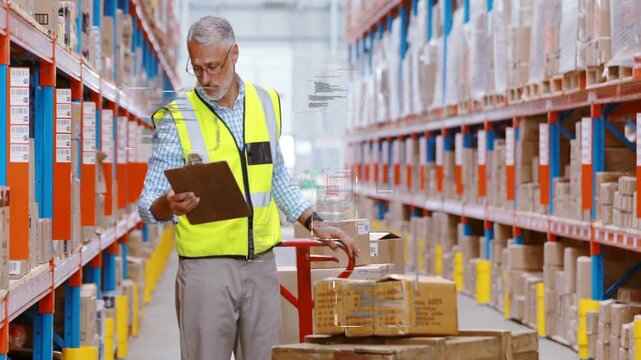 Mature warehouse worker using clipboard while rolling red pallet truck down aisle HUD guiding picks
