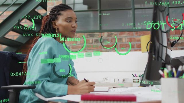 Office analyst reacting to monitor showing market data, writing notes as green HUD updating meters