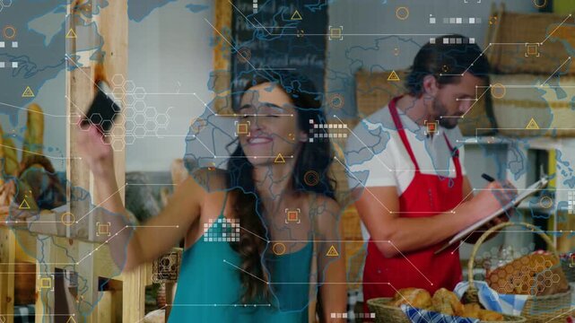 Woman raising phone, posing for selfie at bakery, HUD map overlaying phone screen while typing