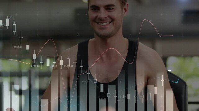 Man gripping handles and launching finance charts overlay while revealing face and giving thumbs-up