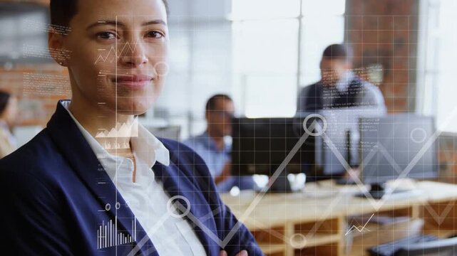 Woman standing arms crossed while camera zooming causing charts growing on face showing data focus