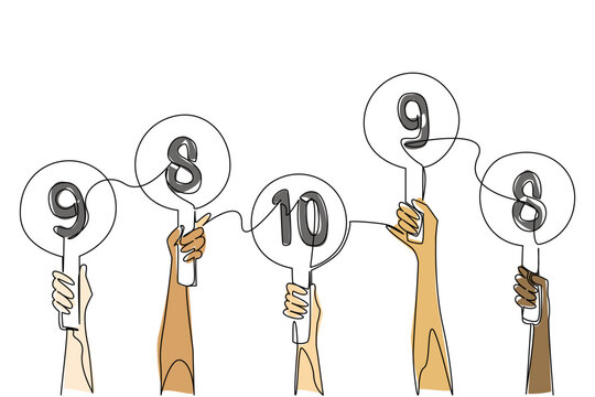 Colorful continuous line drawing of human hands holding round scorecards from 8 to 10. This unique feedback and rating concept works perfectly as an engaging graphic for a business review poster.