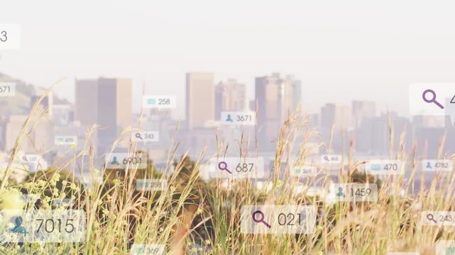 Search badge appearing over grass showing data as cascade of icons spreading, fading revealing city
