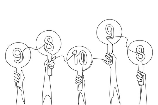 Single line drawing of hands holding round scorecards with various numbers from 8 to 10. This rating concept is a perfect choice for an evaluation business presentation or talent competition poster.
