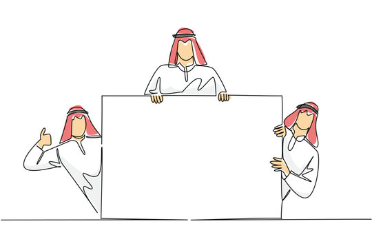 Colorful continuous line drawing of three Arab men holding up a blank marketing board. It forms a brilliant global communication concept, highly recommended for a diversity conference poster design.