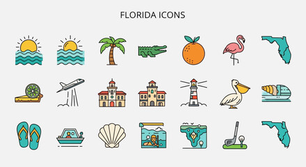 Fototapeta premium Florida Icons A Collection of Colorful and Engaging Graphics Representing the Sunshine State's Unique Charm and Attractions